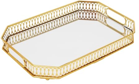 Vassoio decorativo – Vassoio a specchio dorato per trucco, decorazione in metallo a specchio, per colazione, frutta, hotel, cucina, bagno, tavolo da toeletta (chagon)