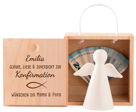 Schutzengel in Holzbox mit Gravur zur Konfirmation, Porzellan Engel Figur, Personalisierter Deko Engel, Verpackung für Geldgeschenke, Konfirmationsgeschenk, Glücksengel Dekoration, Glücksbringer