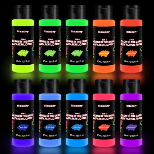Fantastory Oster Leuchtfarben Nachtleuchtend Farbe 10x60ml, Wasserfest Acrylfarbe Glow in the Dark Farbe, Schwarzlicht Farbe; für Halloween Steine, Leinwände (Fluoreszierende Serie)
