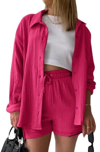 MSIYOW Femme Ensembles en Lin Chemise et Shorts 2 Pièces Vetement Décontractée Ensemble Été Femme Outfit (L, Rose)