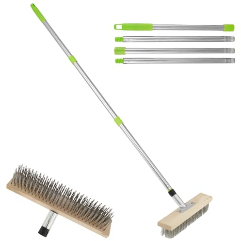 Balai métallique en acier inoxydable avec manche amovible - Brosse en métal rigide - 160 cm de long manche - Brosse à poils de nettoyage à 45° - Outil de nettoyage pour terrasse, jardin, garage,