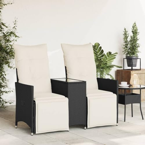 Faroom Rattan Balkonmöbel-Set - Gartenmöbel Sofa Set mit Tisch & Polster - Balkonmöbel klein - Gartensofa 2-Sitzer Verstellbar - 2 Gartensessel mit Beistelltisch, Balkon Möbel für 2 Personen Schwarz