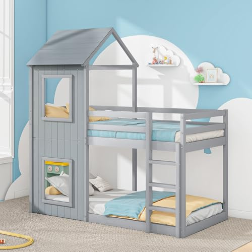 Moimhear 90x200cm Etagenbett, Kinderbett, Hausbett für Mädchen und Jungen, mit Leiter & Baldachin, bodentief, massivholz (grau)