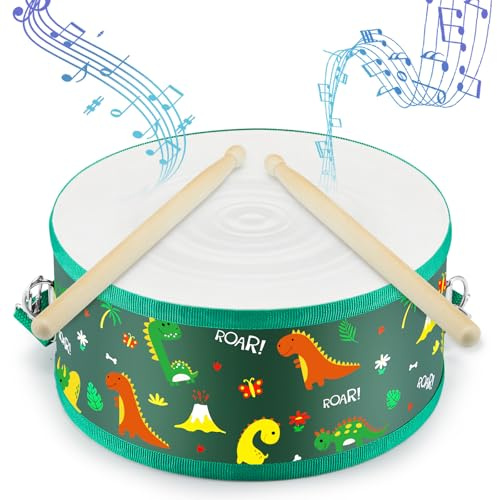 Boao 1 PC Kids Drum Set, 8 Inch Toddler Drum Wooden Toy with Adjustable Strap and 2 Drumsticks, Educational Sensory Musical Instrument for Toddlers Kid Baby Boys Girls Gift(Dinosaur)