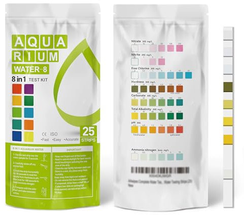 AAwipes Aquarium Ammoniak-Teststreifen 8-in-1 | 25 Streifen | Schnelle & Präzise Wasseranalyse - Test pH, Karbonat, Alkalinität, Härte, Chlor, Nitrit, usw. (K02-25)