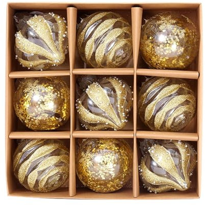 9Pcs Gold Glass Baubles for Christmas Tree Decorations, Christmas Ball Ornaments Set, Clear Glitter Hanging Decoration Balls, Xmas Tree Decorations Gold Shatterproof Baubles