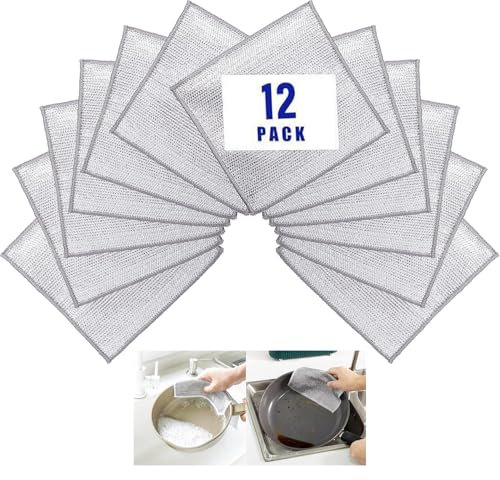 Funklu Mehrzweck-Wunderreinigungstücher aus Draht,12 Kratzfestes Geschirrspültuch Set, Gusseisenreiniger, Topfreiniger, Nass & Trocken Einsetzbares Reinigungstuch für Küche