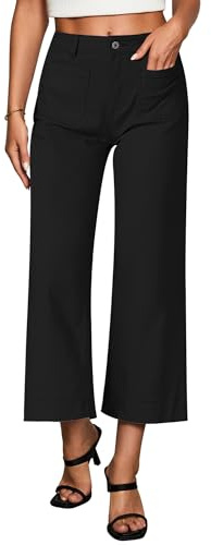 Vetinee Women's Wide Leg Jeans High Waisted Cropped Baggy Flared Stretchy Cotton Denim Trousers Button Closure Flat Front Loose Fit Solid White Regular Size