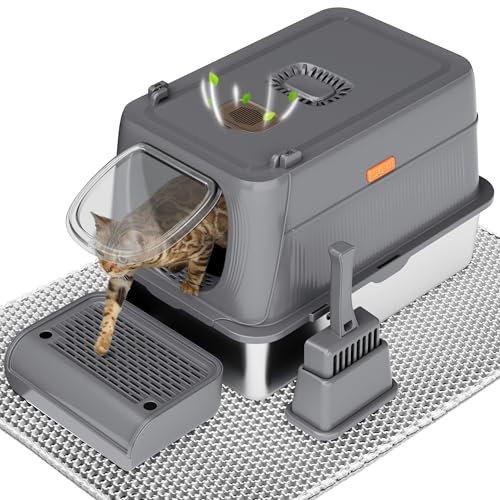 Citylife Arenero para Gatos Cubierto de Acero Inoxidable, Arenero Grande XXL para Gatos con Pala y Estera de Doble Capa, Que es sin Olor y fácil de limpiarperior, para Varios Gatos, Gris Oscuro