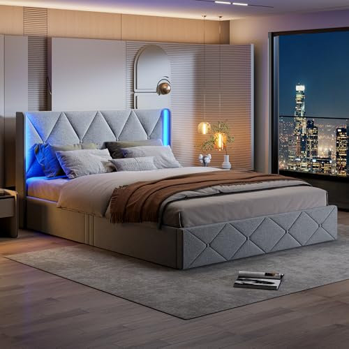 Marco de cama Queen con almacenamiento, 160 x 200 cm, marco de cama King Size elevable acolchado con luces LED, cama Queen Size acolchada, moderno para jóvenes, soporte de madera
