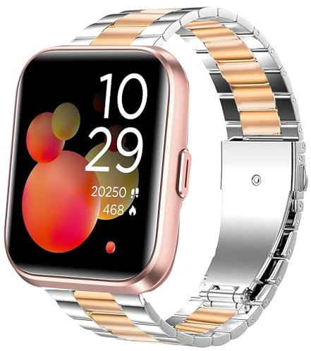 Lamshaw Correas Compatible con Tensky Smartwatch ID208 Plus-1.8,No Gap Hombre, Mujer Metal Metálica Acero Reloj Repuesto Inteligente Smartwatch Pulseras (Plata-oro rosa)
