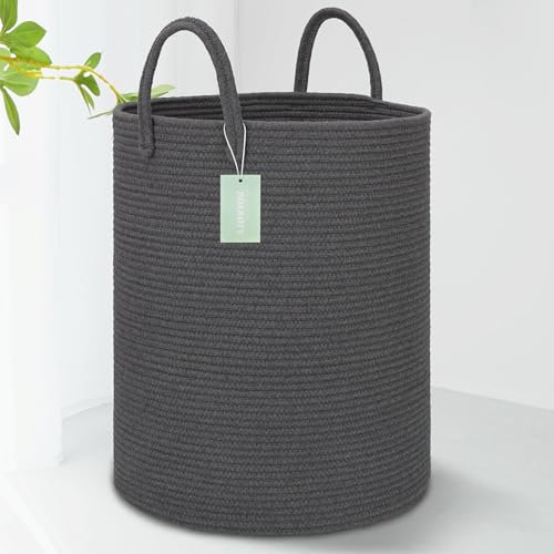 BOSROTY Großer Deckenkorb, hoher Wäschekorb, 65 l, Kinderzimmerkorb mit Griffen zur Aufbewahrung von Spielzeug, Kleidung, Handtüchern, Baumwollseil, gewebter Organizer, 40 x 50 cm, Dunkelgrau