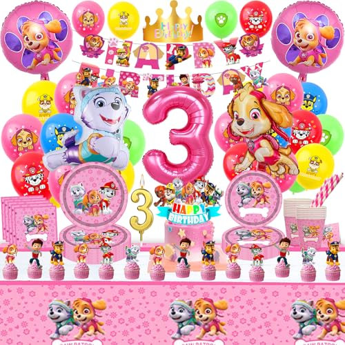 114 Stück Geburtstag Deko 3 Jahre, Partygeschirr Teller Geburtstagsdeko Mädchen 3 Jahre Kindergeburtstag Pappteller Geschirr Luftballon 3 Geburtstag Tortendeko deko 3 Jahre (Rosa Dog 3)