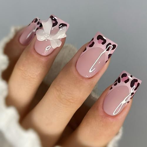 French Tip Press On Nails with Jelly Glue – 24Pcs Full Cover Acrylic Fake Nails with jelly gule, Leopard Print & 3D Bow Designs, Long-lasting, Durable, Perfect for Women & Girls