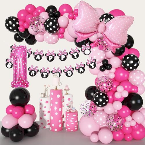 Pink Mouse 1st Birthday Decorations 125pcs Cartoon Balloon Arch -Pink Black Ballon Garland, Birthday Banner,1 balloons,Mouse Theme Foil Fringe Curtains For Girls Bir-thday Party Supplies