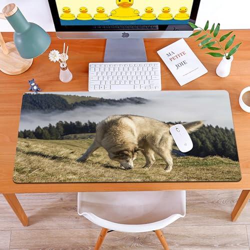 MYAUEYSU Alfombrilla de ratón para 40x75 cm,Malamute de Alaska, Perro de Raza Pura, árboles, montañas brumosas, Fiel,Grande,con Base de Goma y Bordes cosidos,Alfombrilla para,PC,portátil,Escritorio