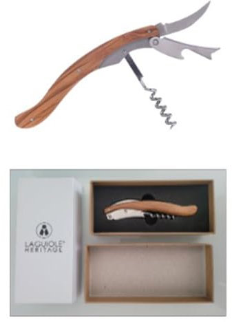 Laguiole Heritage Sommeliermesser 3-in-1 – Kellnermesser mit Korkenzieher, Kapselschneider & Flaschenöffner – Griff aus echtem Olivenholz – Französisches Design