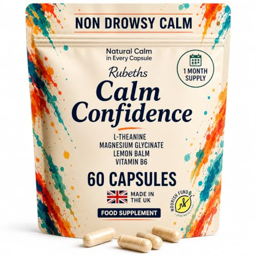 Calm Confidence Anxiety Relief for Adults Non Drowsy 60 Capsules Made in UK | L Theanine 120mg, Magnesium Glycinate 100mg, Lemon Balm 150mg & Vitamin B6 10mg.