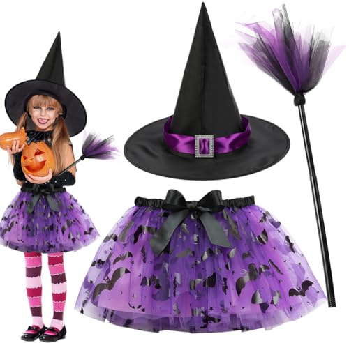 FCXVXCL Halloweens Witch Skirt,3pcs Halloweens Outfits Witch Costumes Tutu Skirt Hat Witchs Broom for 2-6 years Kids Girls Halloween Fancy Dress Cosplay Costume