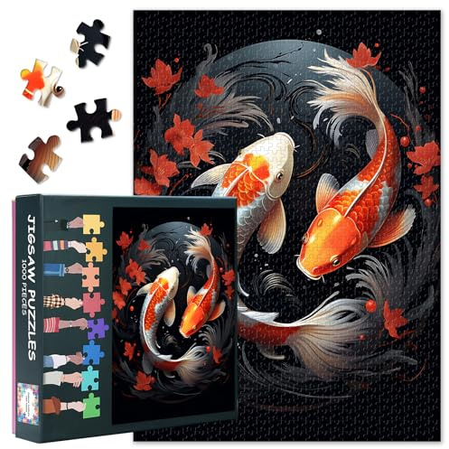 Puzzles für Erwachsene 1000 Teile Koi Fisch, Puzzle 1000 Teile Yin Yang Fisch, Tiere Herausfordernde Puzzle Spiele für Frauen Heimdekoration Größe 70 x 50 cm
