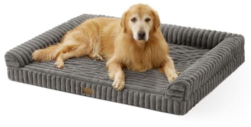 COZY KISS Orthopädisches Hundebett Grosse Hunde 122x89x19cm, Waschbar, Grau | Wasserdichtes Hundesofa mit Eierkarton-Schaum, Weichem Kunstfell & Cordbezug Hundebetten, Abnehmbar & Waschbar Hundekorb