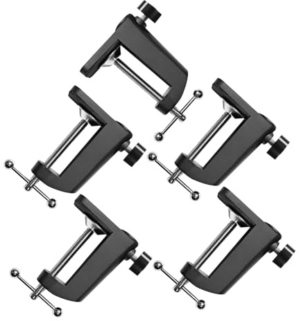 DOITOOL 5pcs Universal Microphone Mount Clips with Heavy-duty Black Aluminum Table Clamp for Desktop Mic Arm Stand, Adjustable Metal Desk Mounts Suitable for Home Studio Broadcasting