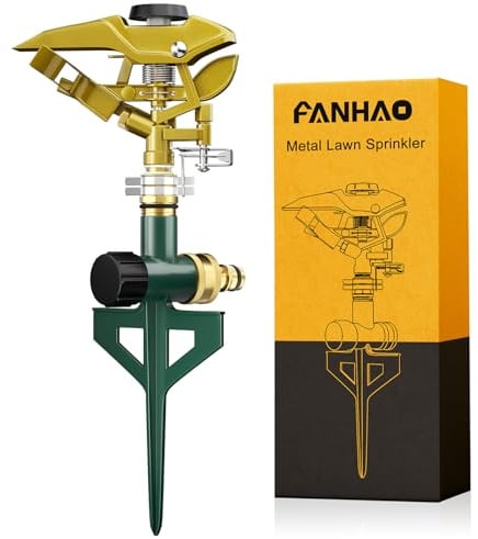 FANHAO Aspersor de Impacto con Base de Espiga Metálica, Sistema de Riego Impulsos, Que alcanza hasta 540 m², Ajustable y de Amplia Cobertura de 360 Grados