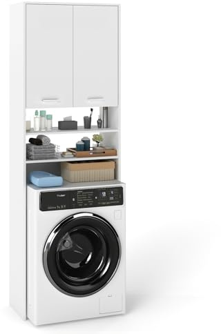 Songvas Meuble Machine à Laver, Armoire Dessus Toilette ou Lave-Linge, Meuble WC avec 2 Portes et Compartiments Ouverts, avec Étagère Réglables, Gain de Place, 179.5 x 64 x 30 cm, Blanc