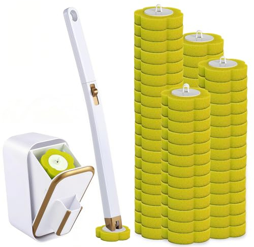 Kisizity Disposable Toilet Brush with 60 Refills, Yellow Toilet Wand Kit | with Long Handle and Wall Mounted Storage Caddy | Sudsy Cleaning System Kit for Wash Basin Bathroom and Bathtub Sink