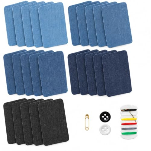 Patchs pour Jeans à Repasser,Patchs Jean Thermocollant,Denim Patch en Tissu | 25 Pièces,Denim Jeans Patchs à Repasser,Kit de Réparation avec Patchs dans Différents Tons de Bleu, pour Pantalon,Veste,Jean