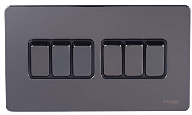 Schneider Electric Ultimate Screwless Flat Plate - 6 Gang Rocker 2 Way Light Switch, Single Pole, 16AX, GU1462BBN, Black Nickel with Black Insert