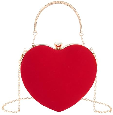 Meliya Women Heart Shaped Clutch Handbag Suede Shoulder Crossbody Purse Evening Pom Party Bag,Red