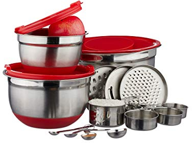 Relaxdays 10024718 Juego de 17 Utensilios de Cocina, Vasos y cucharas medidoras, Cuenco para Mezclar, Rallador, Plateado y Rojo, Acero Inoxidable