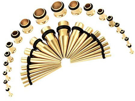 Crdifu 36 Stück Ohr Dehnstäbe Set (Ohrdehner & Ohrtunnel), Chirurgenstahl Dehnungstab & Tunnel, 1.6-10mm Dehnset, Gold Ohr Expander Piercing, Ear Streching Kit