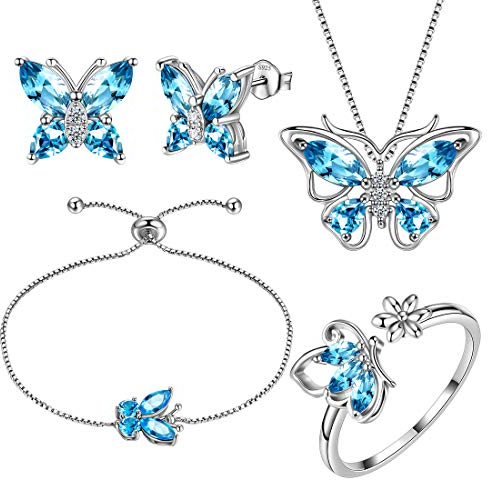 Aurora Tears Schmetterling Halskette/Ohrringe/Ringe Armband Set 925 Sterling Silber März Birthstone Blau Aquamarin Schmuck Set Tiere Schmuck für Frauen und Mädchen DS0070M