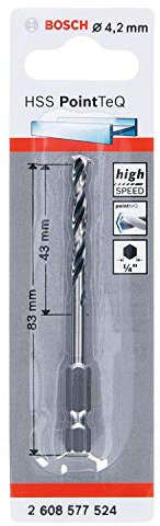 Bosch Accessories PointTeQ Punta per trapano esagonale per metallo, diametro 4.2 mm, lunghezza 43 mm, lunghezza totale 83 mm, accessori per avvitatore e trapano avvitatore a percussione