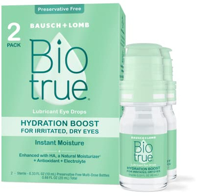 Biotrue Hydration Boost, Preservative-Free Eye Drops for Dry Eyes, Instantly Moisturizes, Rehydrates, Contact Lens Friendly, Refresh & Relieve Eye Irritation, 0.33 FL Oz (Pack of 2)