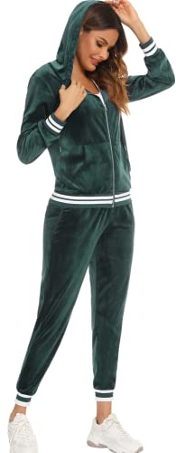Survêtement Ensemble Velours Femme à Capuche Zippés Sportswear en Velours Sweat à Manche Longue Pantalon pour Jogging Tennis Gym Yoga Vêtements de Fitness Vert L
