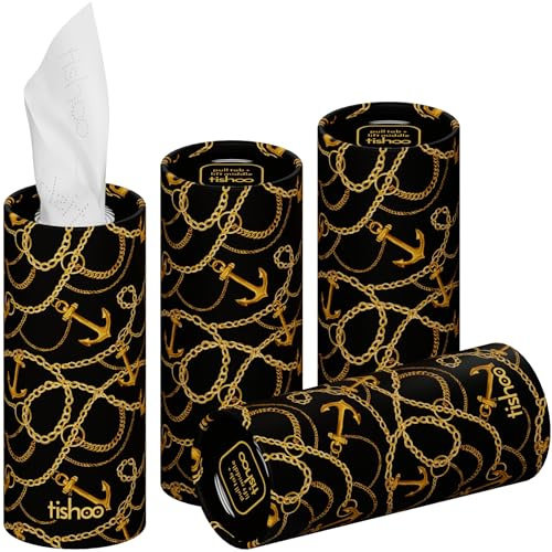 tishoo Hyaluronic Acid-Infused 4-ply Ultra Luxury Tissues | for Car Cup Holders, Home & Travel | 16 Tubes in Plastic-Free Packaging | Black/Chains