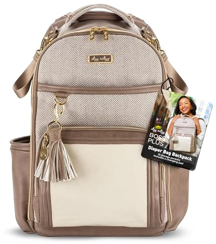 Itzy Ritzy Diaper Bag Backpack – Large Capacity Boss Plus Baby Backpack Diaper Bag Featuring 19 Pockets, Changing Pad, Stroller Clips, and Comfortable Straps (Vanilla Latte)