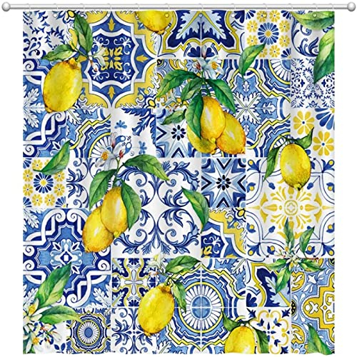 Blaue Fliesen Zitrone Duschvorhang Sommer Obst Chic Badewannen Wasserdicht Polyester Duschvorhang Badezimmer Dekoration 182x214cm(72x84in)