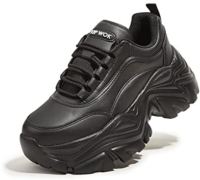 K KIP WOK Chunky Sneakers for Women Fashion Platform White Leather Casual Dad Shoes Comfortable Wedge Walking Sport Sneakers(Black,8)