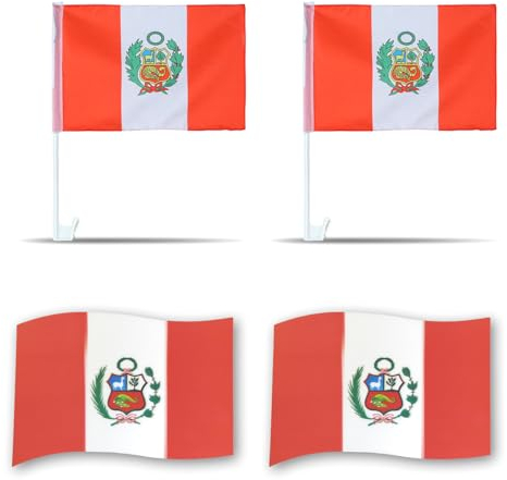 Auto Fahnen Peru Set - 2 x Autofahne & 2 x Magnetfahnen, Fußball Fanartikel FZG für EM & WM, Peruanische Flagge Fahrzeug Deko