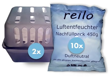 reilo 2x Raumentfeuchterbox und 10x 450g Luftentfeuchtergranulat, Luftentfeuchter-Komplettset, Raumentfeuchter im Vliesbeutel, Staffelpreis, für Auto, Schlafzimmer, Keller