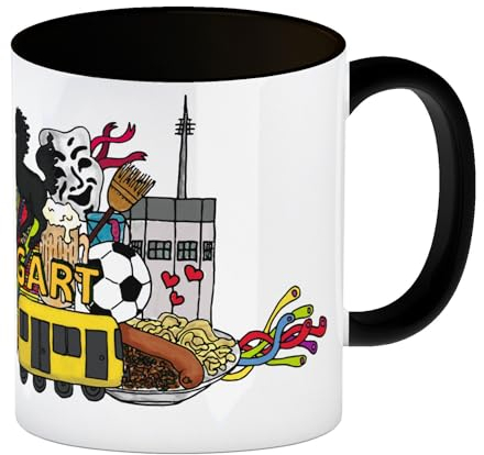 trendaffe Kaffeebecher Henkel und Innenseite Schwarz mit Wimmelgrafik Stuttgart Motiv