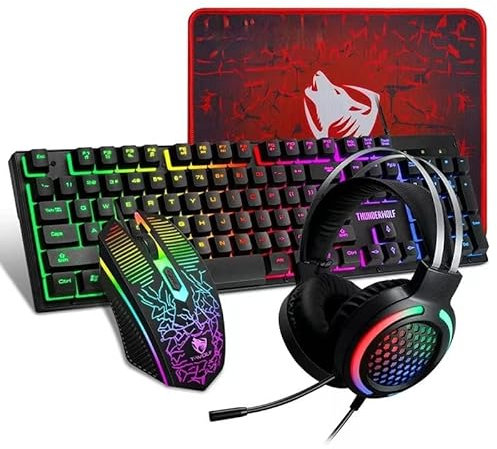 TF400 Gaming Keyboard & Mouse, Mouse Pad & Gaming Headset, Wired LED RGB Backlight Set for PC Gamers - 4 in 1 Gift Box Edition
