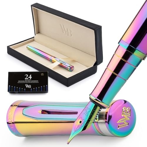 Wordsworth & Black Füllfederhalter-Set, mittlere 18-Karat-Goldfeder, inklusive 24 Tintenpatronen, Kolbenkonverter und Geschenkbox, goldfarben, Kalligraphie, Regenbogen
