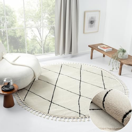 MY-RUG Teppich Freya rund weiß 140 x 140 cm - Maschinengewebter Skandinavischer Geometrischer Teppich für das Kinderzimmer
