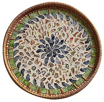 RJSQAQE Bandeja redonda de ratán con incrustaciones de nácar, bandeja decorativa tejida a mano con base de madera, cestas decorativas de mimbre tejidas para mesa de café