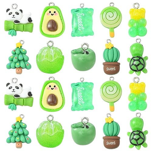 Airssory 30 Stück 10 Stile gemischte Formen undurchsichtiges Harz Grün Thema Charms Tier Panda Schildkröte Obst Kaktus Charms für Frühling Geburtstag Party Dekoration
